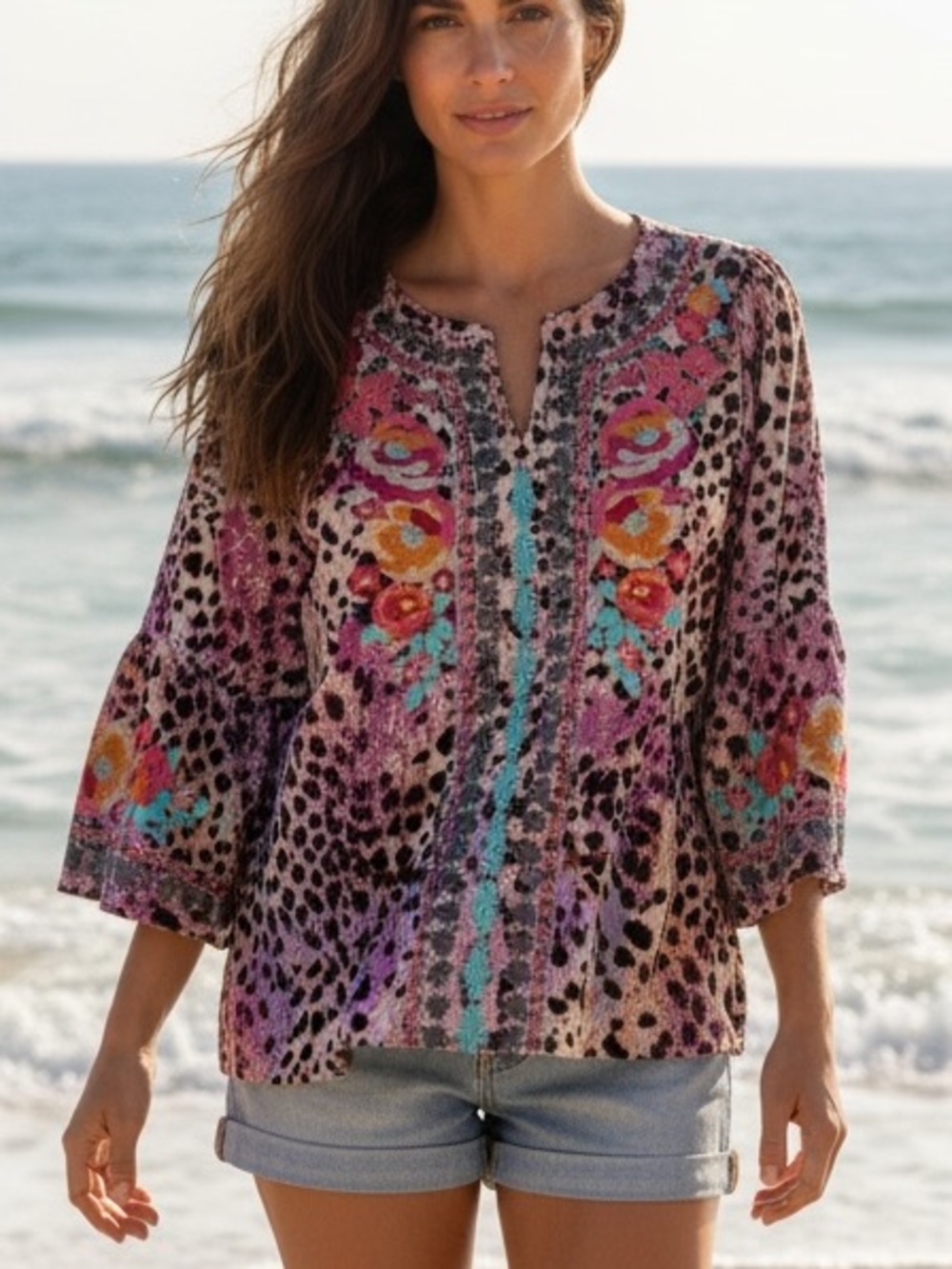 SAVANNA JANE colorful top, sz small, oversized, embroidered. Long bell sleeves.